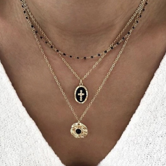 Jewelry - Layered Black Beaded Religious Gold Necklace